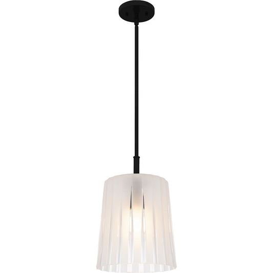 Quoizel Gray 10in 1-Light Mini Pendant | Transitional Matte Black and Clear Ribbed Glass | Kitchen Island & Bar | Model RAY1510MBK