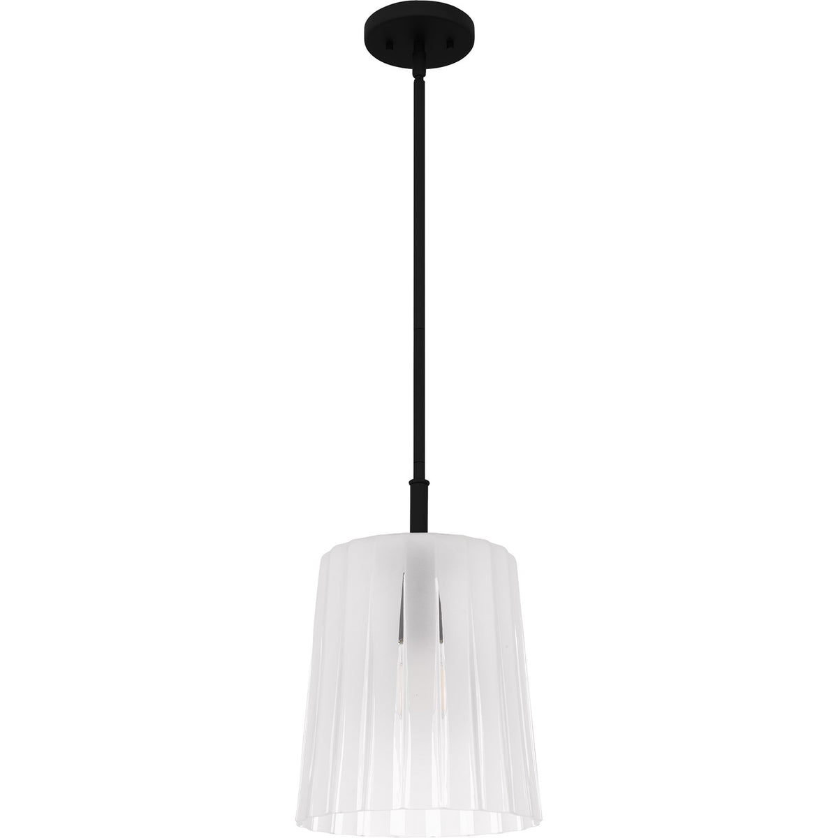 Quoizel Gray 10in 1-Light Mini Pendant | Transitional Matte Black and Clear Ribbed Glass | Kitchen Island & Bar | Model RAY1510MBK