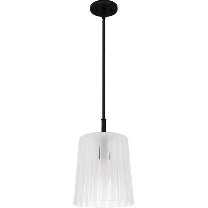 Quoizel Gray 10in 1-Light Mini Pendant | Transitional Matte Black and Clear Ribbed Glass | Kitchen Island & Bar | Model RAY1510MBK