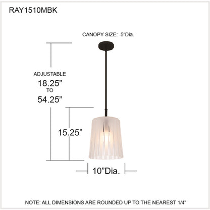 Quoizel Gray 10in 1-Light Mini Pendant | Transitional Matte Black and Clear Ribbed Glass | Kitchen Island & Bar | Model RAY1510MBK