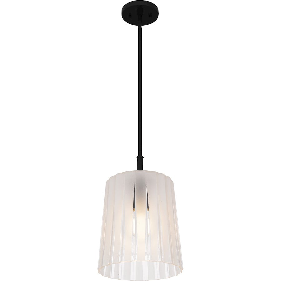 Quoizel Gray 10in 1-Light Mini Pendant | Transitional Matte Black and Clear Ribbed Glass | Kitchen Island & Bar | Model RAY1510MBK