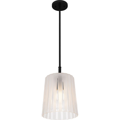 Quoizel Gray 10in 1-Light Mini Pendant | Transitional Matte Black and Clear Ribbed Glass | Kitchen Island & Bar | Model RAY1510MBK