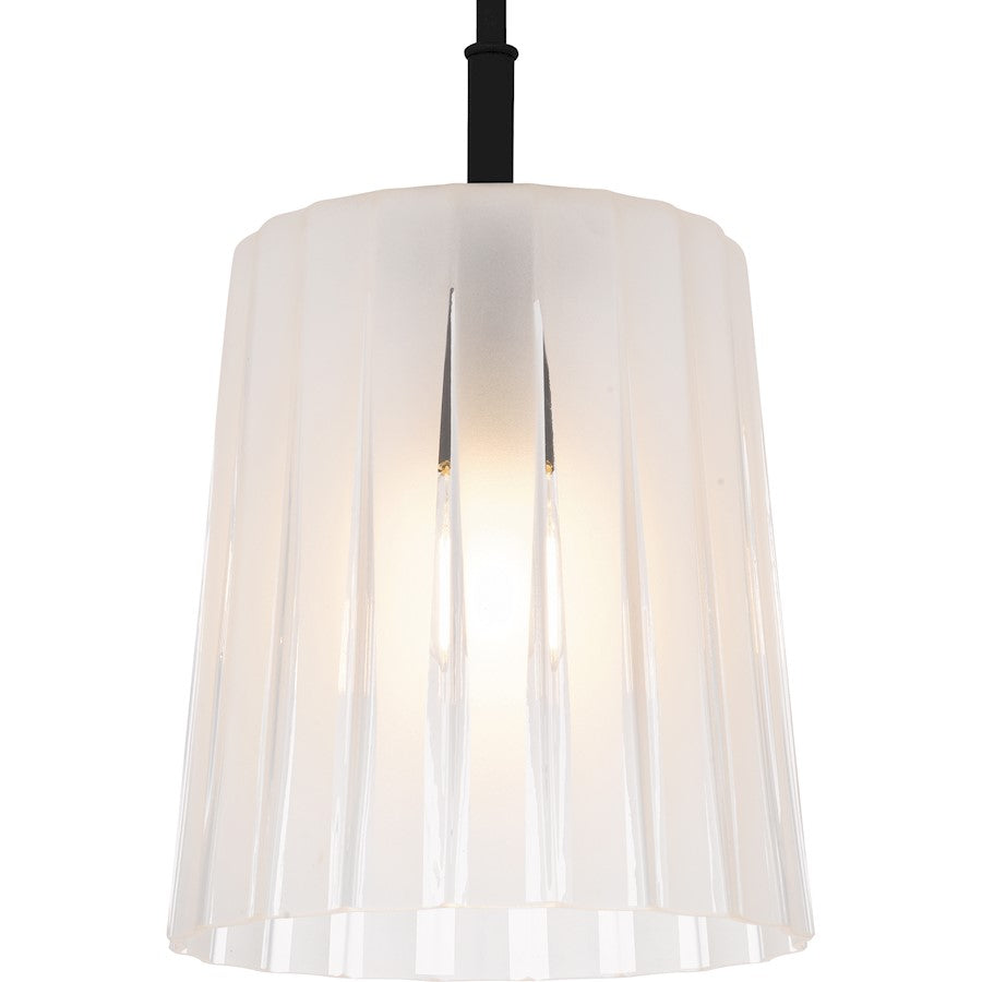 Quoizel Gray 10in 1-Light Mini Pendant | Transitional Matte Black and Clear Ribbed Glass | Kitchen Island & Bar | Model RAY1510MBK