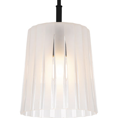 Quoizel Gray 10in 1-Light Mini Pendant | Transitional Matte Black and Clear Ribbed Glass | Kitchen Island & Bar | Model RAY1510MBK