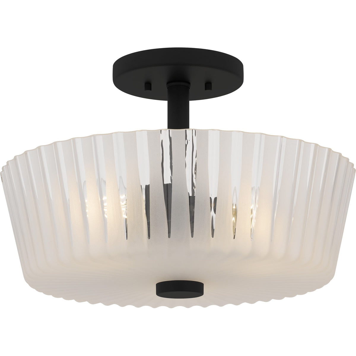 Quoizel Gray 16in 3-Light Semi-Flush Mount | Transitional Matte Black and Clear Ribbed Glass | Bedroom & Hallway Ceiling Light | Model RAY1716MBK