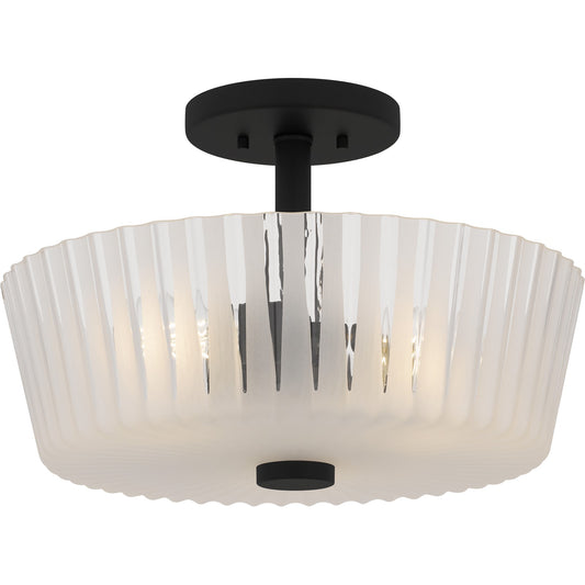 Quoizel Gray 16in 3-Light Semi-Flush Mount | Transitional Matte Black and Clear Ribbed Glass | Bedroom & Hallway Ceiling Light | Model RAY1716MBK