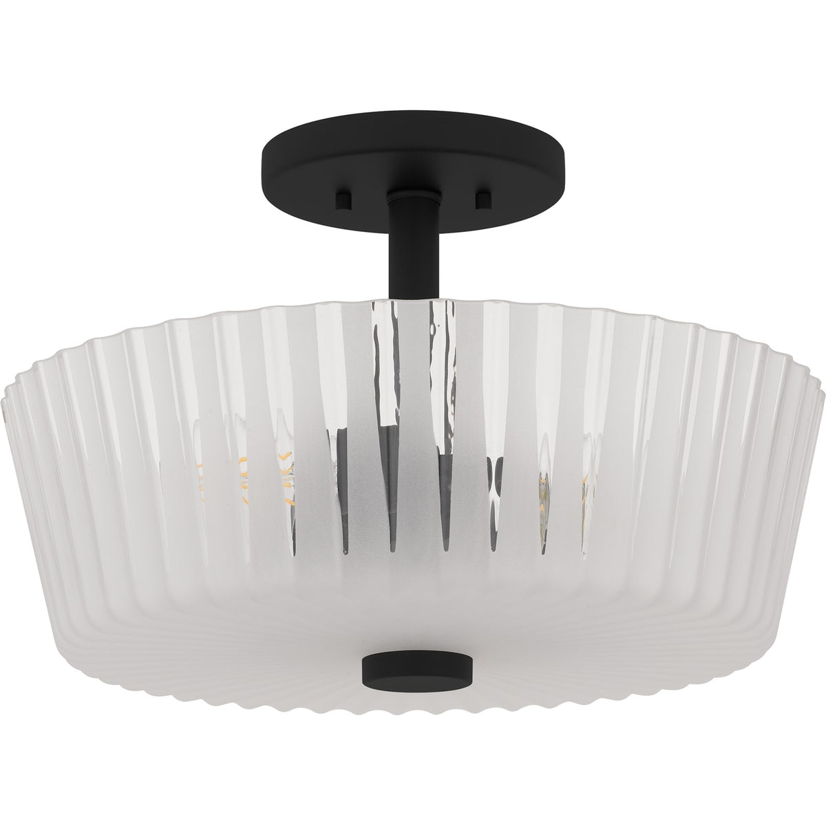 Quoizel Gray 16in 3-Light Semi-Flush Mount | Transitional Matte Black and Clear Ribbed Glass | Bedroom & Hallway Ceiling Light | Model RAY1716MBK