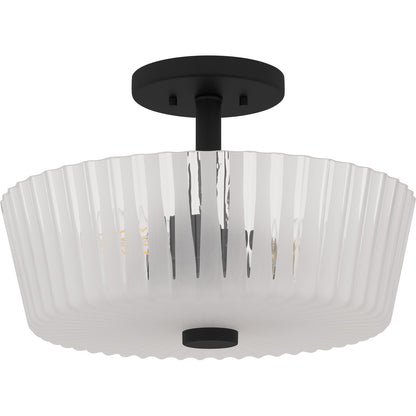 Quoizel Gray 16in 3-Light Semi-Flush Mount | Transitional Matte Black and Clear Ribbed Glass | Bedroom & Hallway Ceiling Light | Model RAY1716MBK