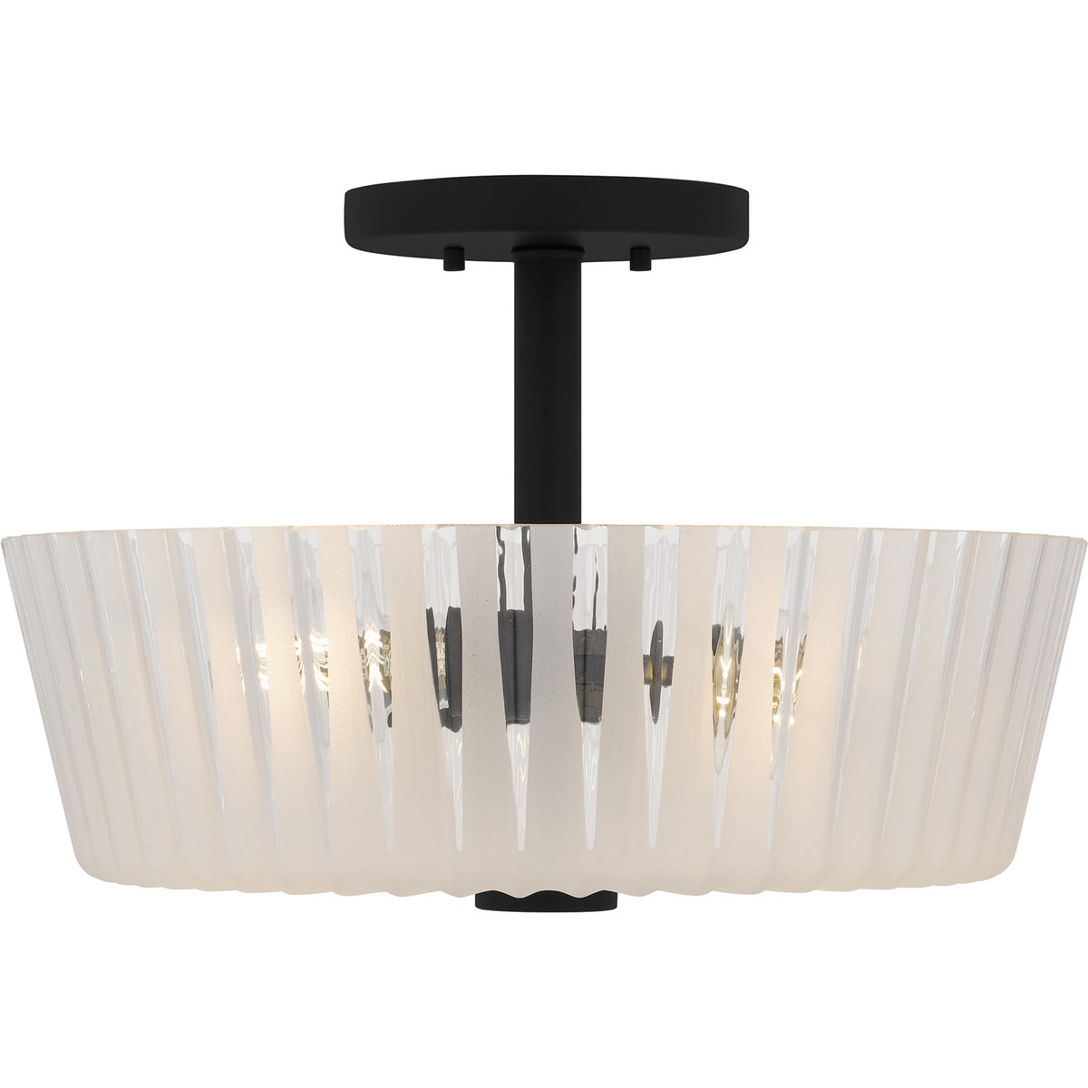 Quoizel Gray 16in 3-Light Semi-Flush Mount | Transitional Matte Black and Clear Ribbed Glass | Bedroom & Hallway Ceiling Light | Model RAY1716MBK