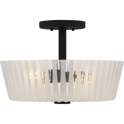 Quoizel Gray 16in 3-Light Semi-Flush Mount | Transitional Matte Black and Clear Ribbed Glass | Bedroom & Hallway Ceiling Light | Model RAY1716MBK