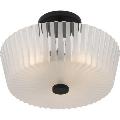 Quoizel Gray 16in 3-Light Semi-Flush Mount | Transitional Matte Black and Clear Ribbed Glass | Bedroom & Hallway Ceiling Light | Model RAY1716MBK