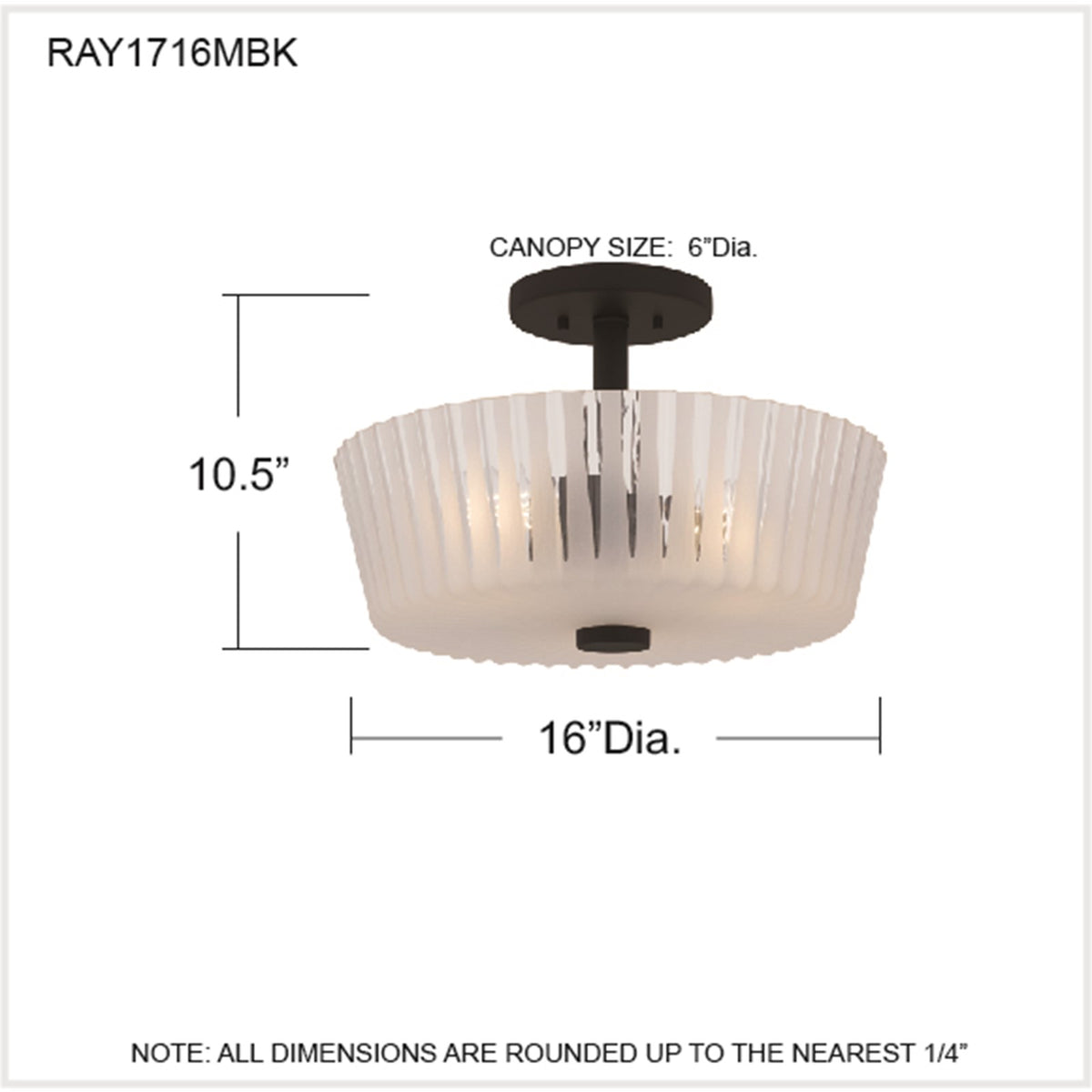 Quoizel Gray 16in 3-Light Semi-Flush Mount | Transitional Matte Black and Clear Ribbed Glass | Bedroom & Hallway Ceiling Light | Model RAY1716MBK