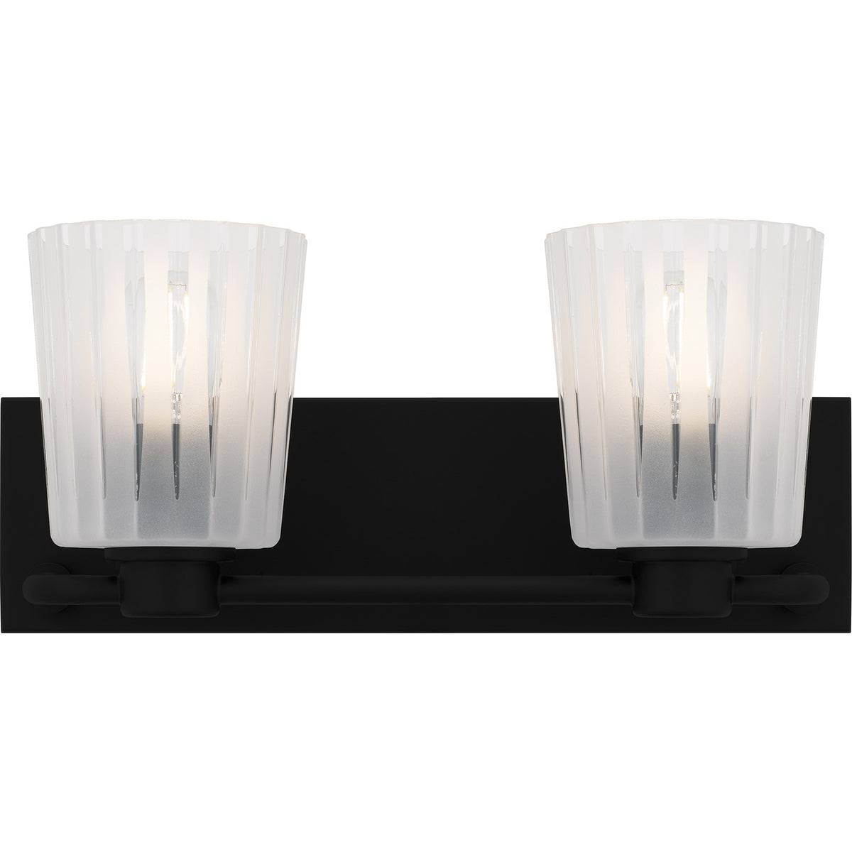 Quoizel Gray 16in 2-Light Vanity Light | Transitional Matte Black and Clear Ribbed Glass | Bathroom Vanity | 16 x 6.75 x 7.25 in | Model RAY8616MBK