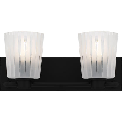Quoizel Gray 16in 2-Light Vanity Light | Transitional Matte Black and Clear Ribbed Glass | Bathroom Vanity | 16 x 6.75 x 7.25 in | Model RAY8616MBK