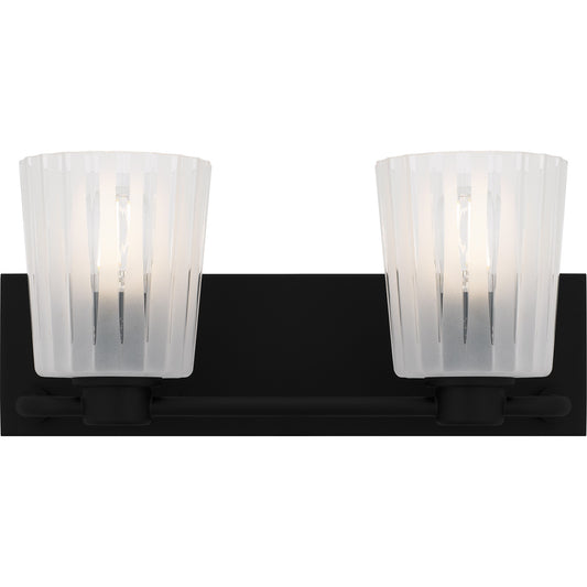 Quoizel Gray 16in 2-Light Vanity Light | Transitional Matte Black and Clear Ribbed Glass | Bathroom Vanity | 16 x 6.75 x 7.25 in | Model RAY8616MBK