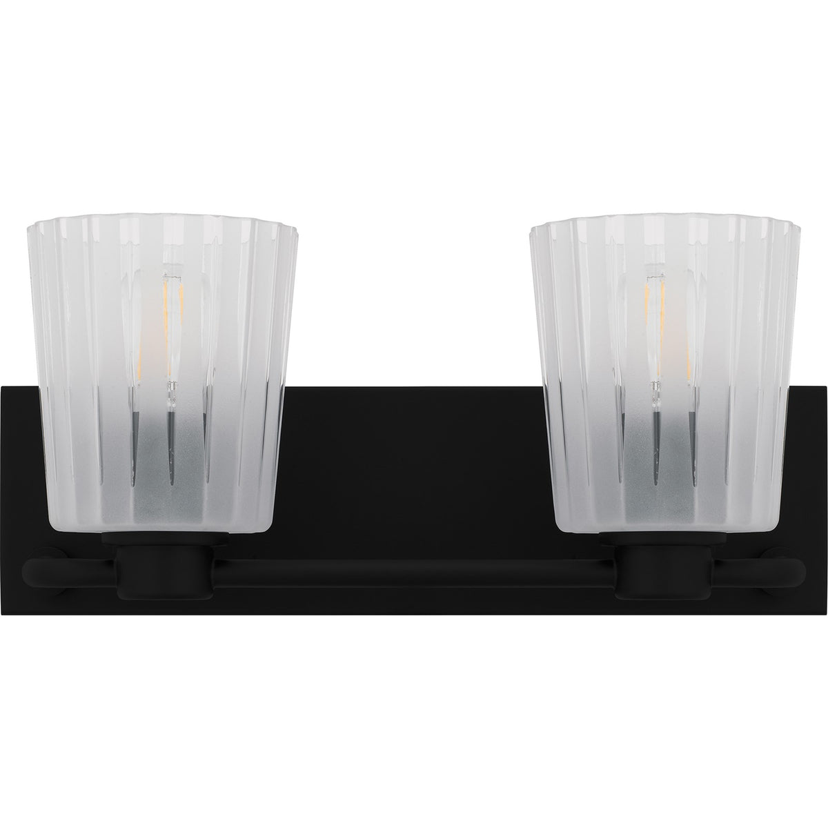 Quoizel Gray 16in 2-Light Vanity Light | Transitional Matte Black and Clear Ribbed Glass | Bathroom Vanity | 16 x 6.75 x 7.25 in | Model RAY8616MBK