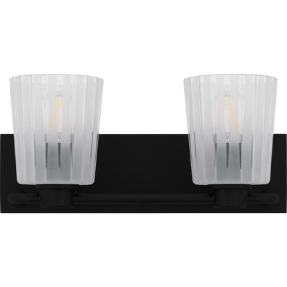 Quoizel Gray 16in 2-Light Vanity Light | Transitional Matte Black and Clear Ribbed Glass | Bathroom Vanity | 16 x 6.75 x 7.25 in | Model RAY8616MBK