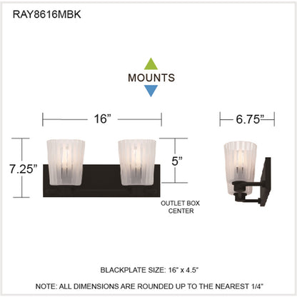 Quoizel Gray 16in 2-Light Vanity Light | Transitional Matte Black and Clear Ribbed Glass | Bathroom Vanity | 16 x 6.75 x 7.25 in | Model RAY8616MBK