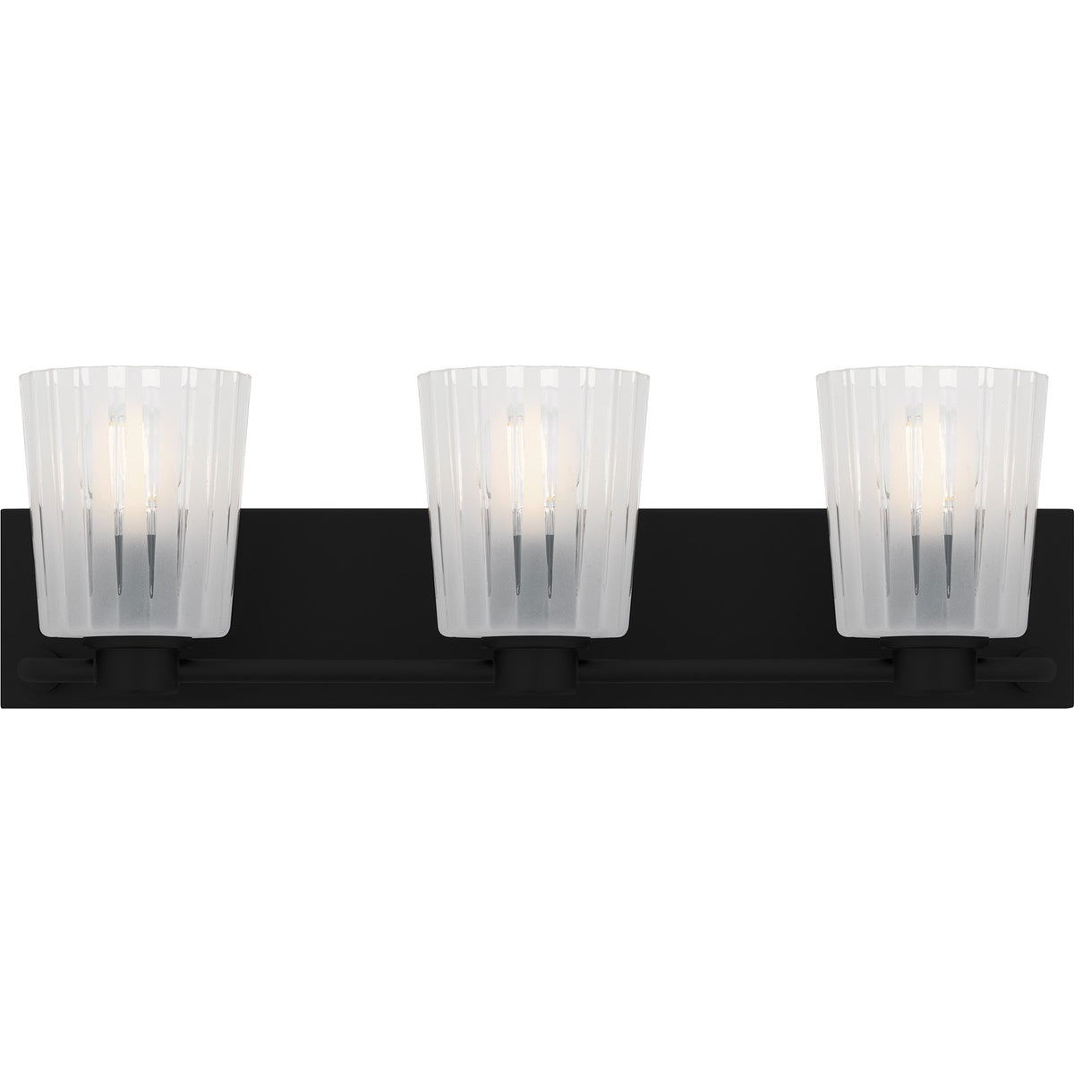 Quoizel Gray 24in 3-Light Vanity Light | Transitional Matte Black and Clear Ribbed Glass | Bathroom Vanity | 24 x 6.75 x 7.25 in | Model RAY8624MBK