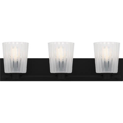 Quoizel Gray 24in 3-Light Vanity Light | Transitional Matte Black and Clear Ribbed Glass | Bathroom Vanity | 24 x 6.75 x 7.25 in | Model RAY8624MBK