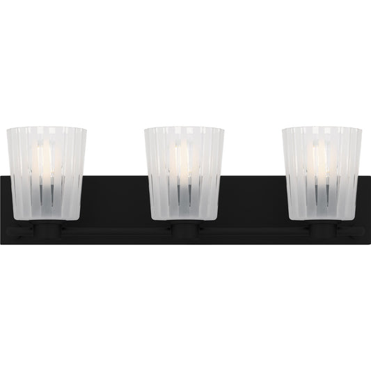 Quoizel Gray 24in 3-Light Vanity Light | Transitional Matte Black and Clear Ribbed Glass | Bathroom Vanity | 24 x 6.75 x 7.25 in | Model RAY8624MBK