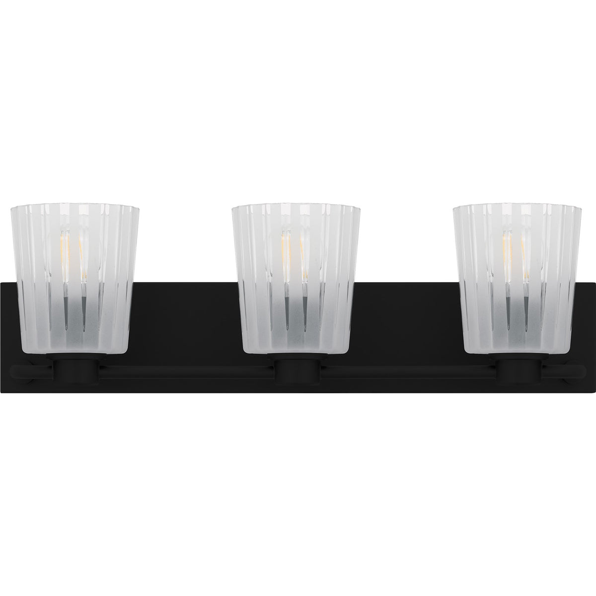 Quoizel Gray 24in 3-Light Vanity Light | Transitional Matte Black and Clear Ribbed Glass | Bathroom Vanity | 24 x 6.75 x 7.25 in | Model RAY8624MBK