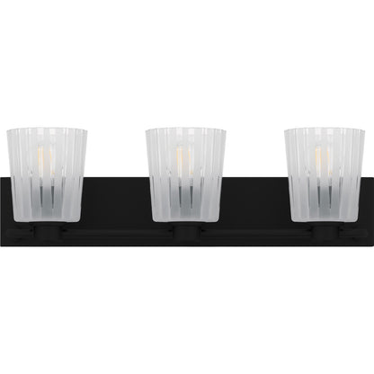 Quoizel Gray 24in 3-Light Vanity Light | Transitional Matte Black and Clear Ribbed Glass | Bathroom Vanity | 24 x 6.75 x 7.25 in | Model RAY8624MBK