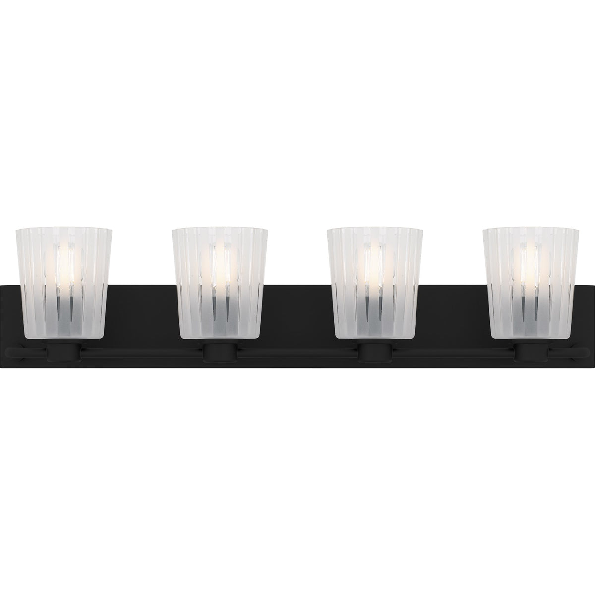 Quoizel Gray 32in 4-Light Vanity Light | Transitional Matte Black and Clear Ribbed Glass | Bathroom Vanity | 32 x 6.75 x 7.25 in | Model RAY8632MBK