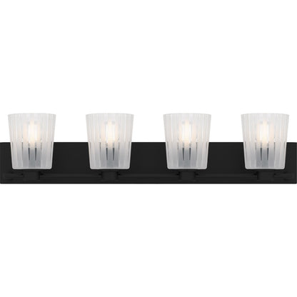 Quoizel Gray 32in 4-Light Vanity Light | Transitional Matte Black and Clear Ribbed Glass | Bathroom Vanity | 32 x 6.75 x 7.25 in | Model RAY8632MBK