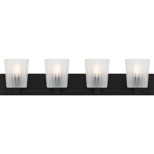 Quoizel Gray 32in 4-Light Vanity Light | Transitional Matte Black and Clear Ribbed Glass | Bathroom Vanity | 32 x 6.75 x 7.25 in | Model RAY8632MBK