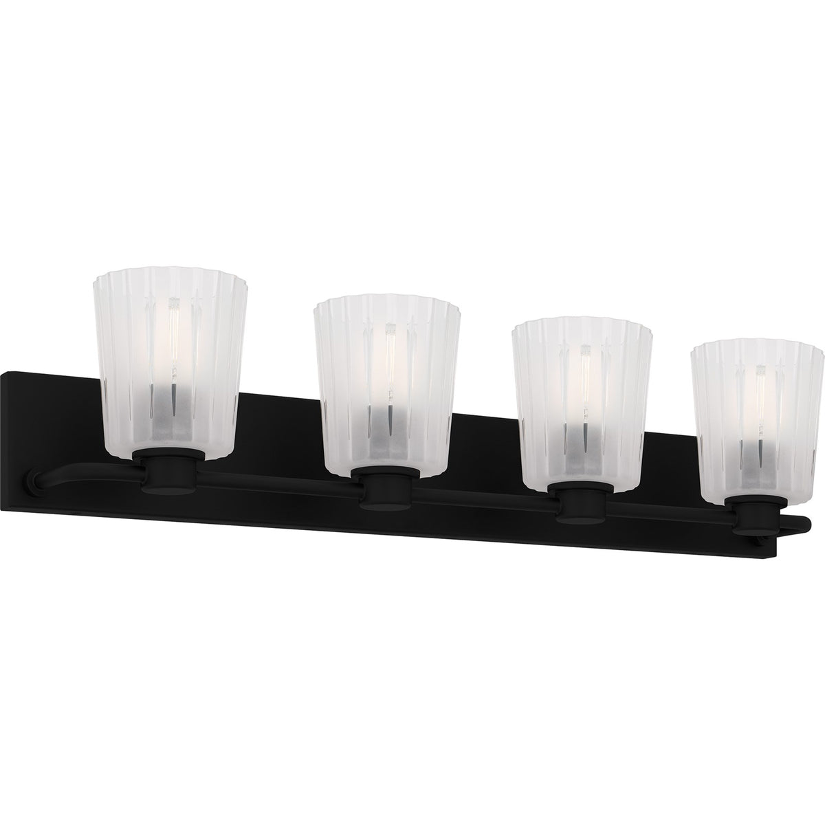 Quoizel Gray 32in 4-Light Vanity Light | Transitional Matte Black and Clear Ribbed Glass | Bathroom Vanity | 32 x 6.75 x 7.25 in | Model RAY8632MBK