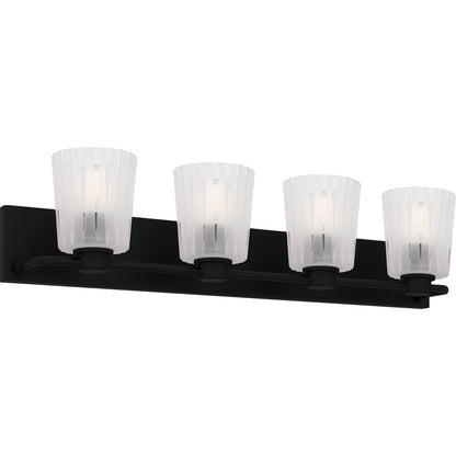 Quoizel Gray 32in 4-Light Vanity Light | Transitional Matte Black and Clear Ribbed Glass | Bathroom Vanity | 32 x 6.75 x 7.25 in | Model RAY8632MBK