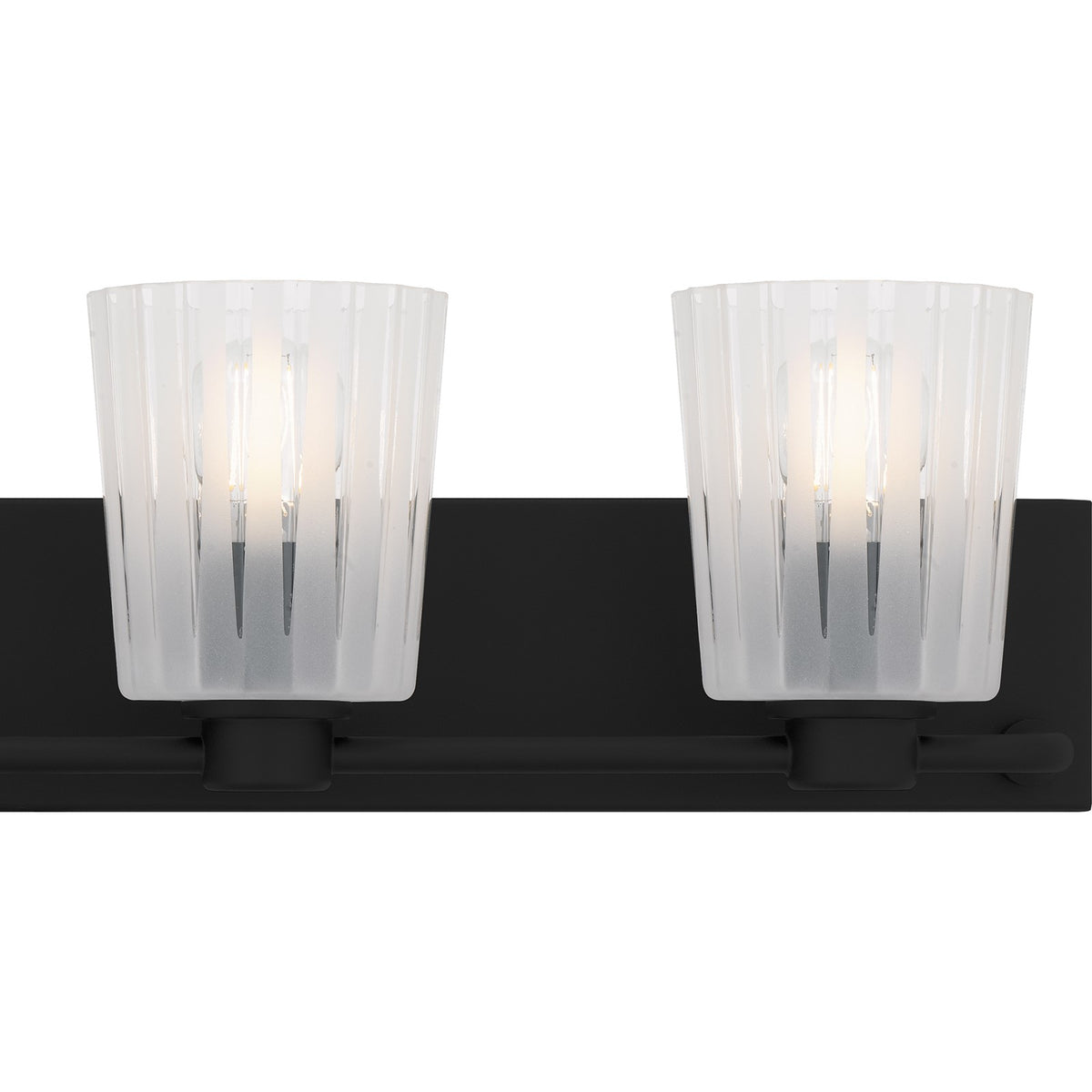 Quoizel Gray 32in 4-Light Vanity Light | Transitional Matte Black and Clear Ribbed Glass | Bathroom Vanity | 32 x 6.75 x 7.25 in | Model RAY8632MBK