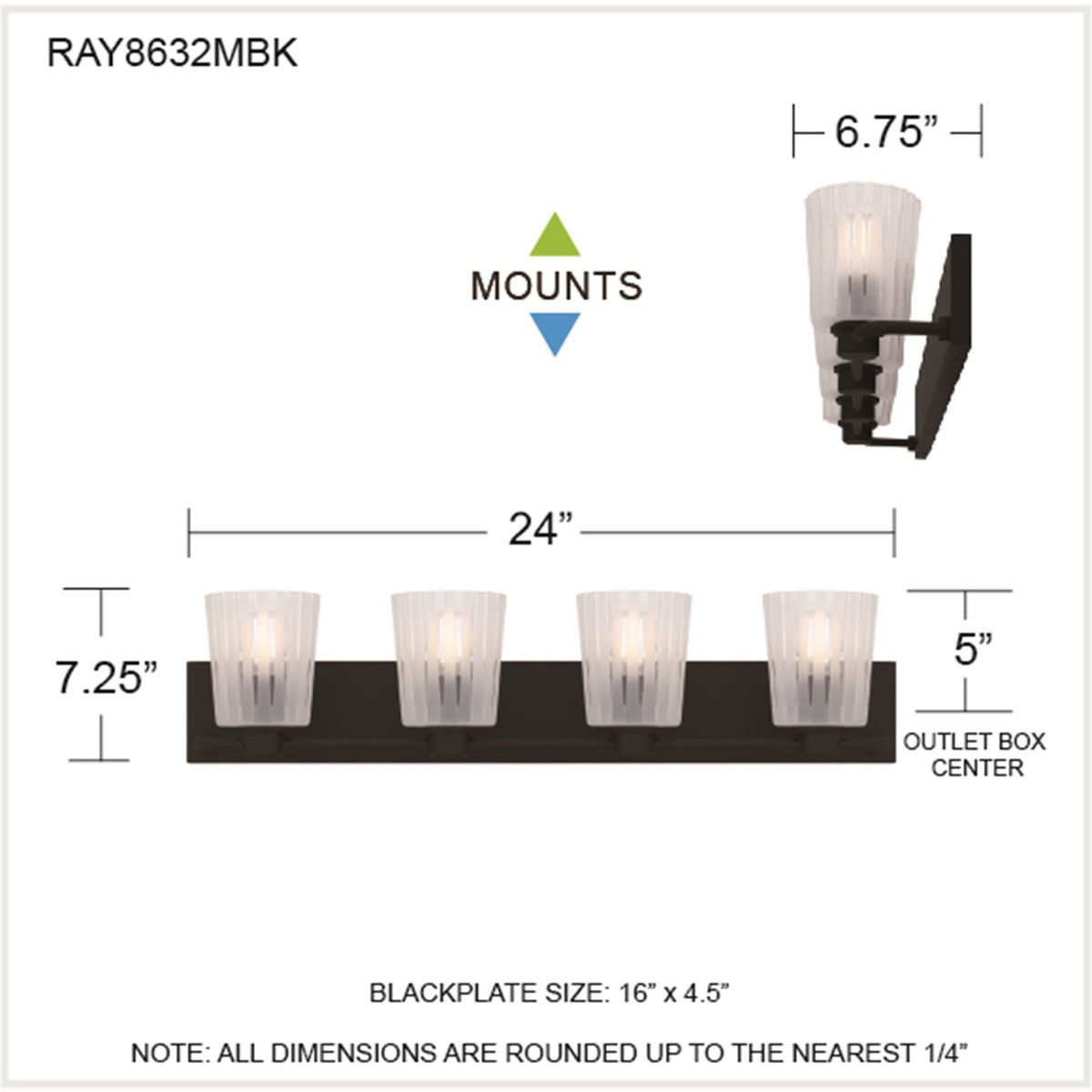 Quoizel Gray 32in 4-Light Vanity Light | Transitional Matte Black and Clear Ribbed Glass | Bathroom Vanity | 32 x 6.75 x 7.25 in | Model RAY8632MBK