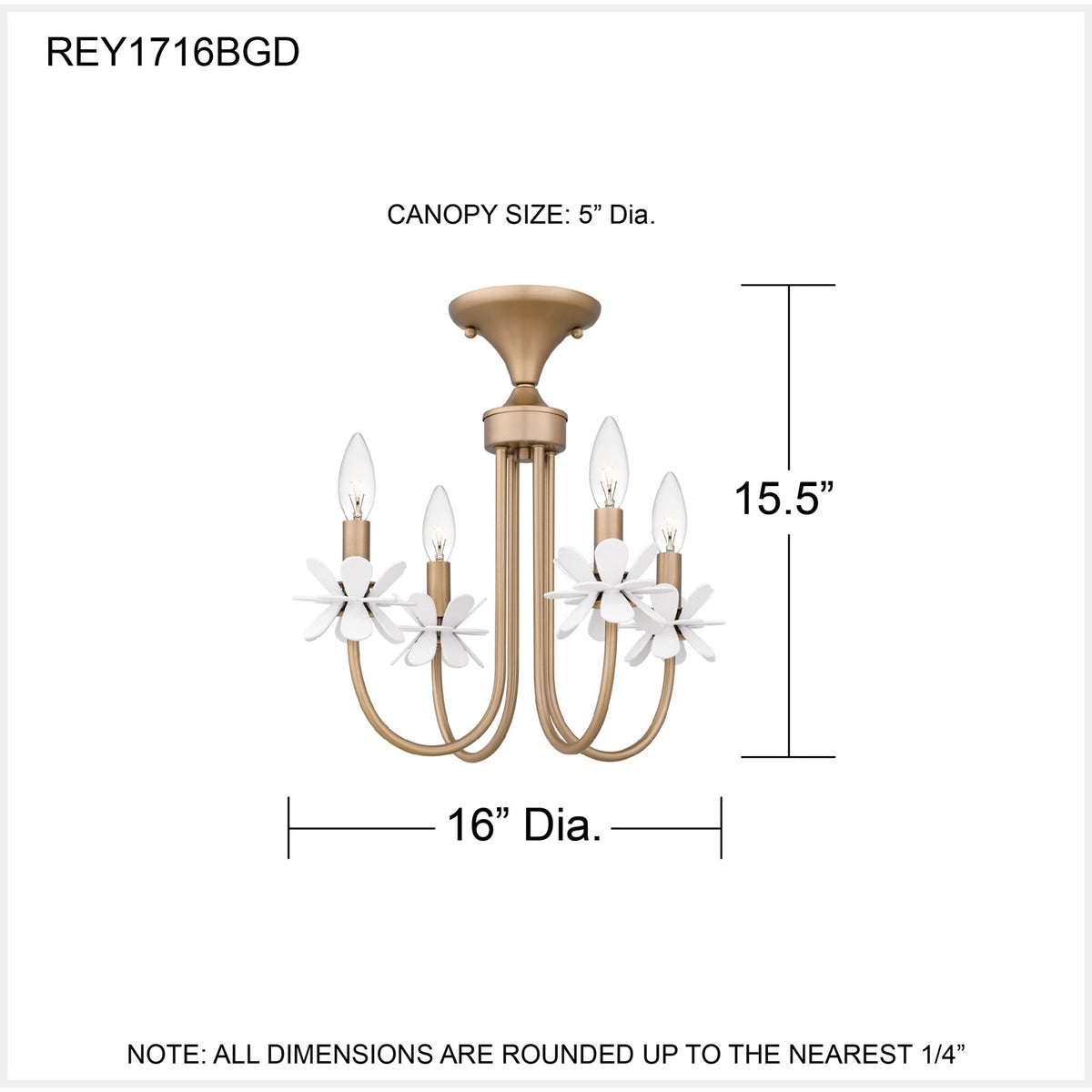 Quoizel Remy 16in 4-Light Semi-Flush Mount | Modern Bronze Gold and White Flower Steel | Bedroom & Hallway | 16 x 16 x 15.5 in | Model REY1716BGD