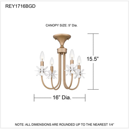Quoizel Remy 16in 4-Light Semi-Flush Mount | Modern Bronze Gold and White Flower Steel | Bedroom & Hallway | 16 x 16 x 15.5 in | Model REY1716BGD