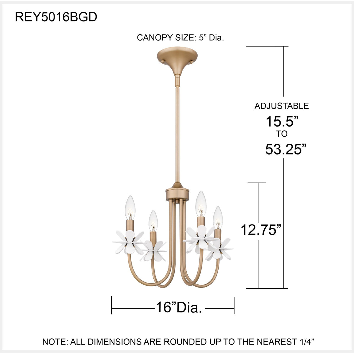 Quoizel Remy 16in 4-Light Chandelier | Modern Bronze Gold and White Flower Steel | Dining Room & Foyer | 16 x 16 x 12.75 in | Model REY5016BGD