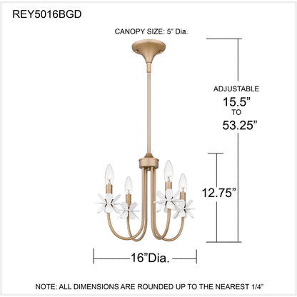 Quoizel Remy 16in 4-Light Chandelier | Modern Bronze Gold and White Flower Steel | Dining Room & Foyer | 16 x 16 x 12.75 in | Model REY5016BGD