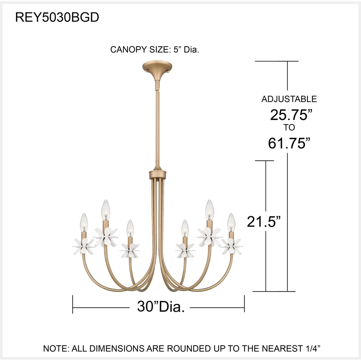Quoizel Remy 30in 6-Light Chandelier | Modern Bronze Gold Steel and White Flower | Dining Room & Living Room | 30 x 30 x 21.5 in | Model REY5030BGD