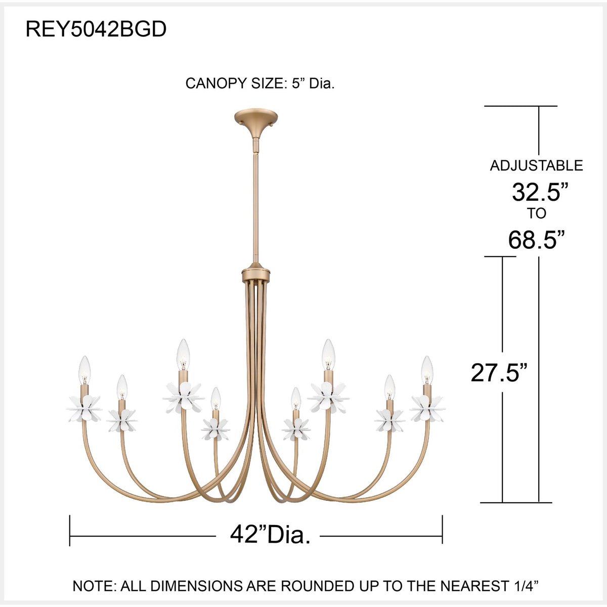 Quoizel Remy 42in 8-Light Chandelier | Modern Bronze Gold Steel and White Flower | Dining Room & Foyer | 42 x 42 x 27.5 in | Model REY5042BGD