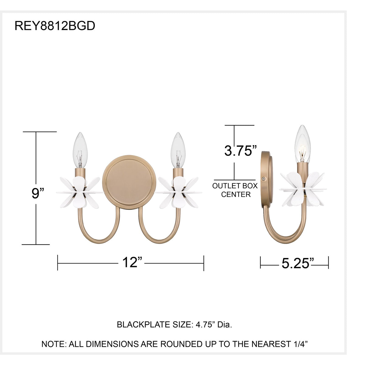 Quoizel Remy 12in 2-Light Wall Sconce | Modern Bronze Gold Steel and White Flower | Bedroom & Hallway | 12 x 5.25 x 9 in | Model REY8812BGD