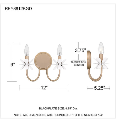 Quoizel Remy 12in 2-Light Wall Sconce | Modern Bronze Gold Steel and White Flower | Bedroom & Hallway | 12 x 5.25 x 9 in | Model REY8812BGD