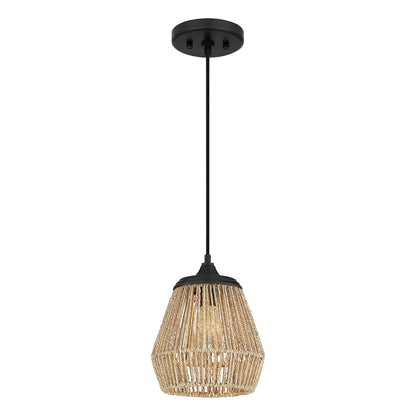 Quoizel Romain 9in 1-Light Mini Pendant | Bohemian Earth Black and Seagrass Rattan | Kitchen Island & Dining Nook | Model RMI1509EK