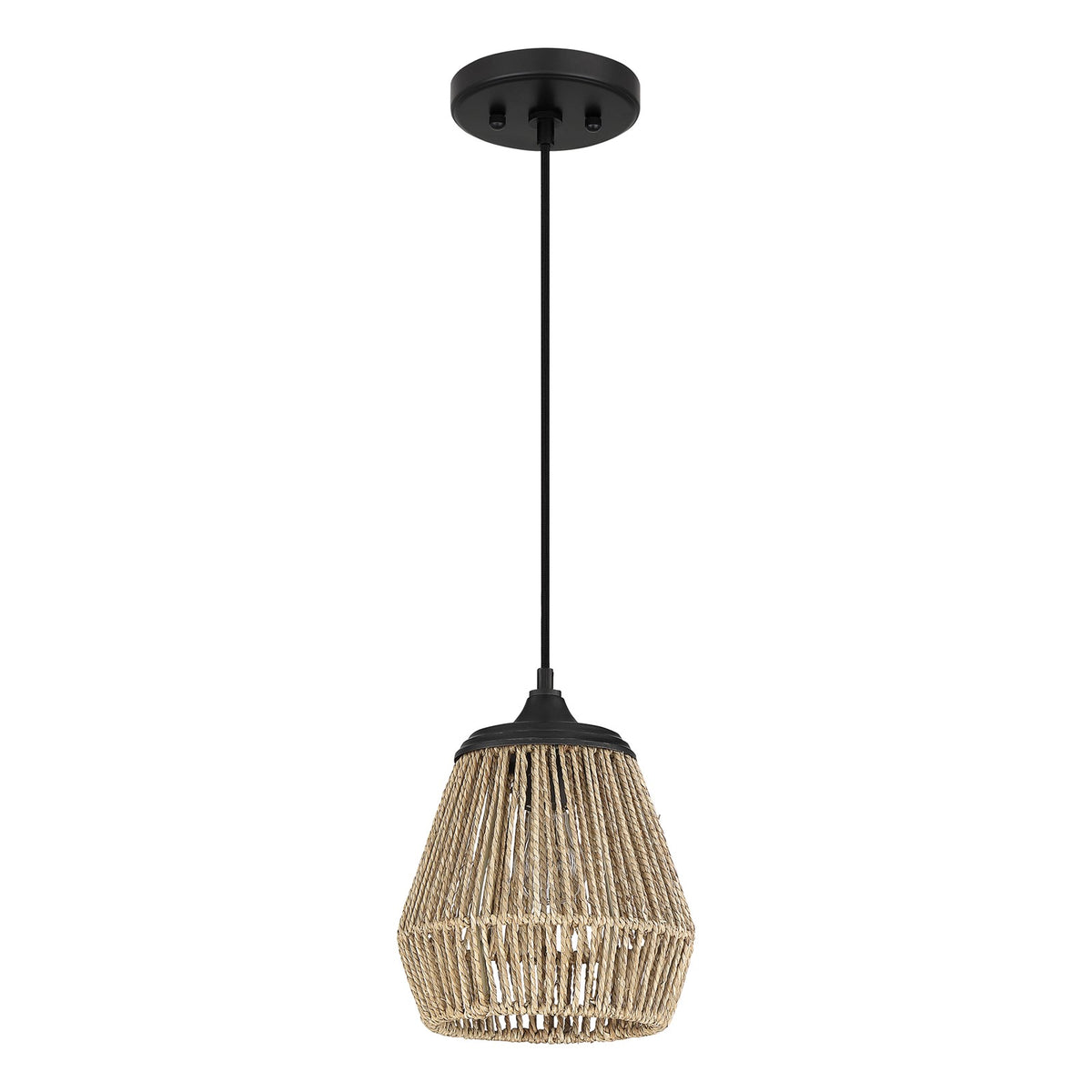 Quoizel Romain 9in 1-Light Mini Pendant | Bohemian Earth Black and Seagrass Rattan | Kitchen Island & Dining Nook | Model RMI1509EK