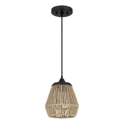 Quoizel Romain 9in 1-Light Mini Pendant | Bohemian Earth Black and Seagrass Rattan | Kitchen Island & Dining Nook | Model RMI1509EK