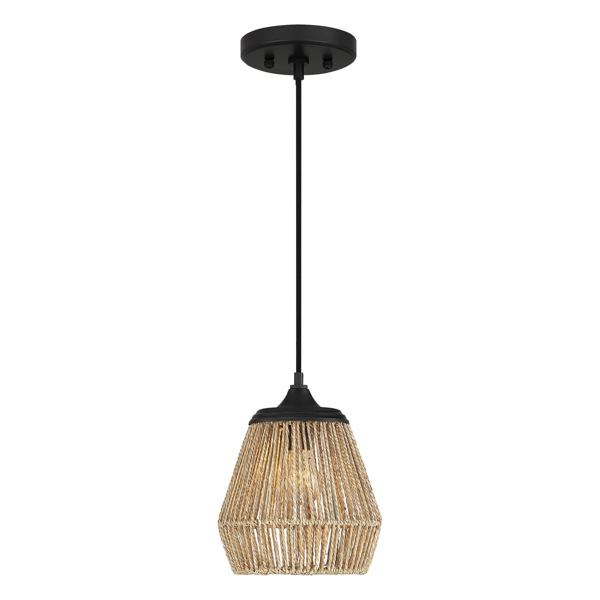 Quoizel Romain 9in 1-Light Mini Pendant | Bohemian Earth Black and Seagrass Rattan | Kitchen Island & Dining Nook | Model RMI1509EK