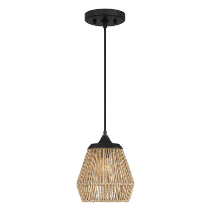 Quoizel Romain 9in 1-Light Mini Pendant | Bohemian Earth Black and Seagrass Rattan | Kitchen Island & Dining Nook | Model RMI1509EK