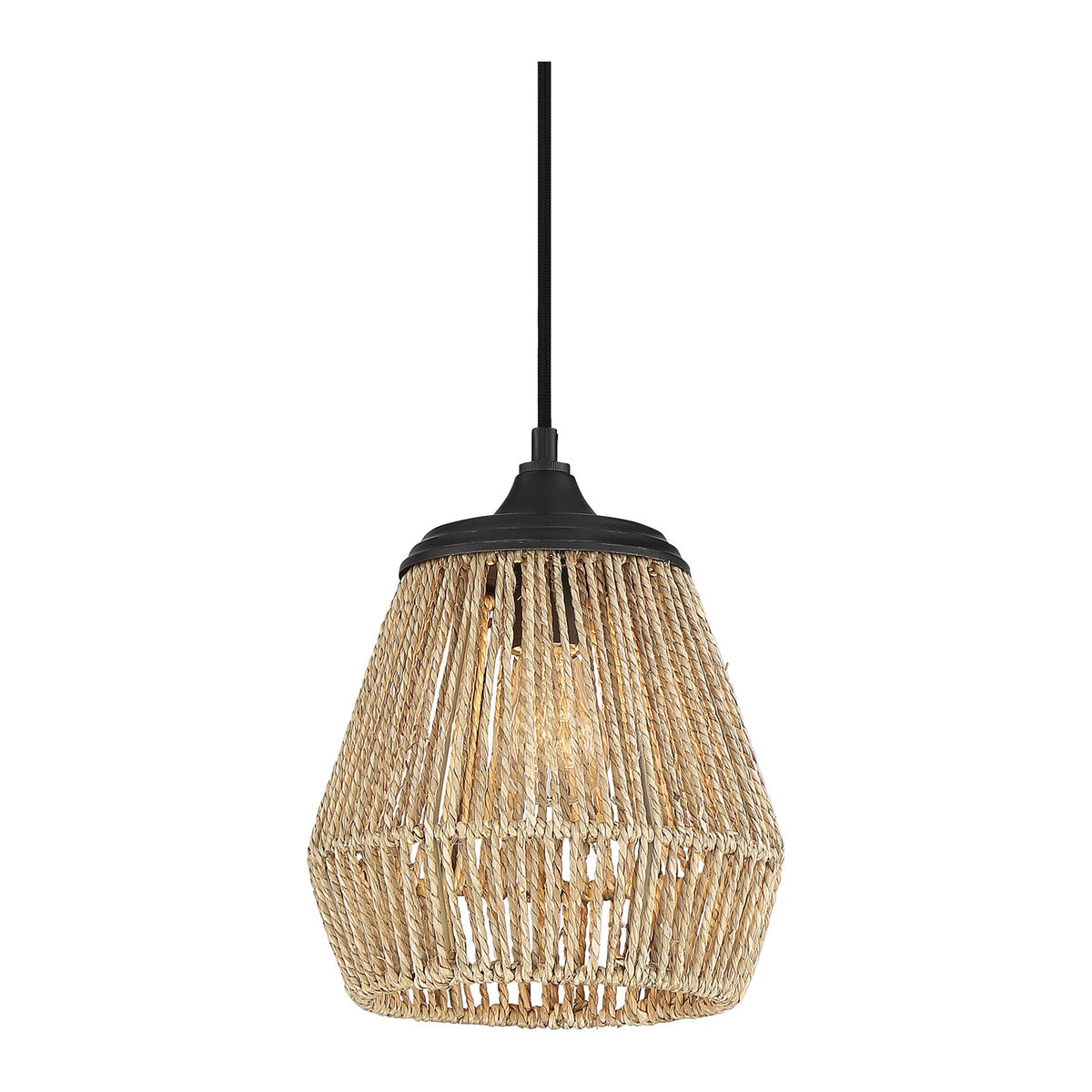 Quoizel Romain 9in 1-Light Mini Pendant | Bohemian Earth Black and Seagrass Rattan | Kitchen Island & Dining Nook | Model RMI1509EK