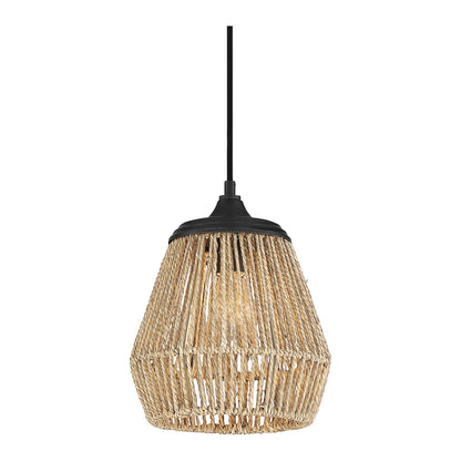 Quoizel Romain 9in 1-Light Mini Pendant | Bohemian Earth Black and Seagrass Rattan | Kitchen Island & Dining Nook | Model RMI1509EK