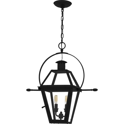 Quoizel Rue De Royal 21in 2-Light Outdoor Hanging Lantern | Traditional Earth Black Coastal Armour Steel and Clear Glass | Front | Model RO1911EK